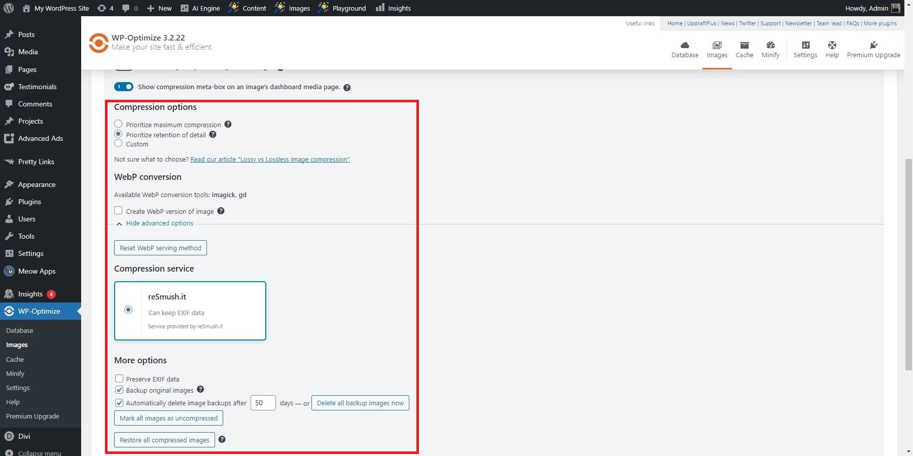 wp optimiza la configuración de la imagen