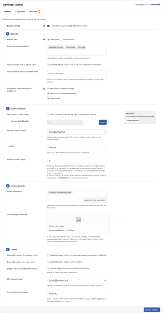 Configuración general de factura del complemento de factura PDF WooCommerce